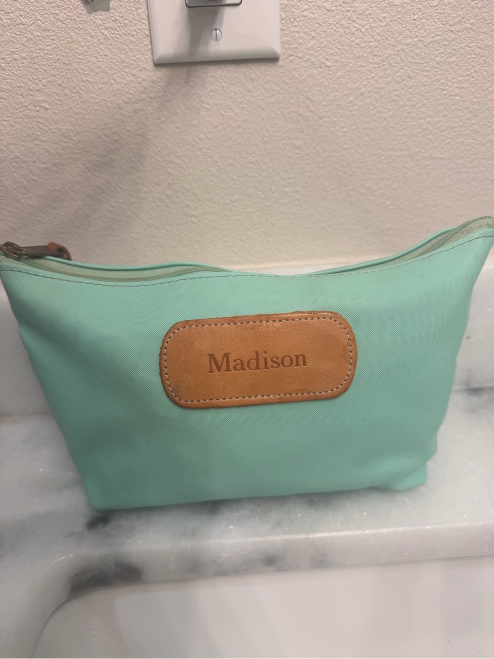 Jon Hart Design Madison Mint Cosmetic Pouch with Tan Leather Patch